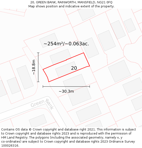 20, GREEN BANK, RAINWORTH, MANSFIELD, NG21 0FQ: Plot and title map