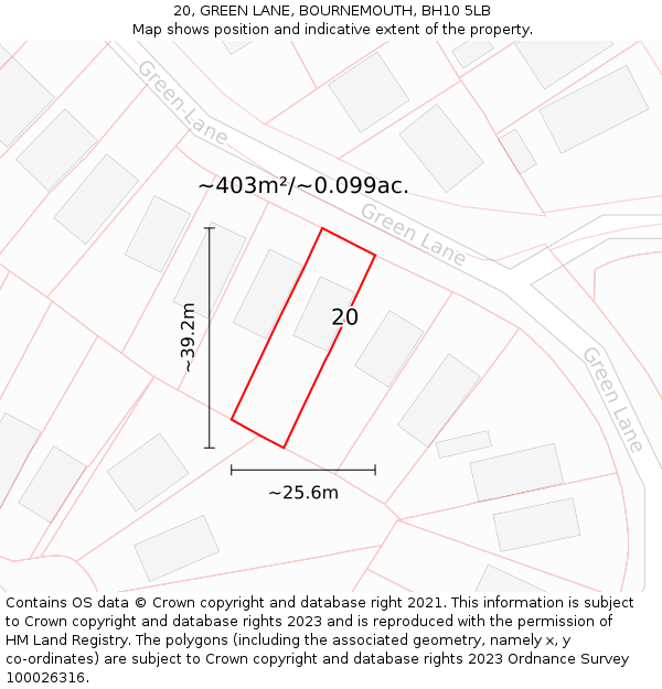 20, GREEN LANE, BOURNEMOUTH, BH10 5LB: Plot and title map
