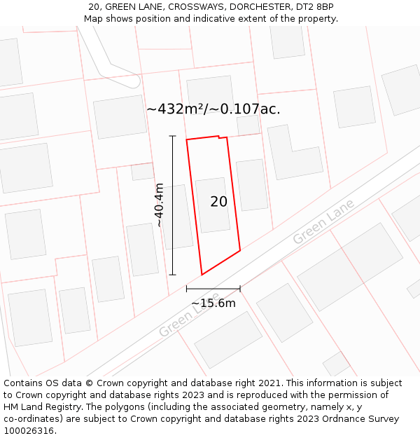 20, GREEN LANE, CROSSWAYS, DORCHESTER, DT2 8BP: Plot and title map