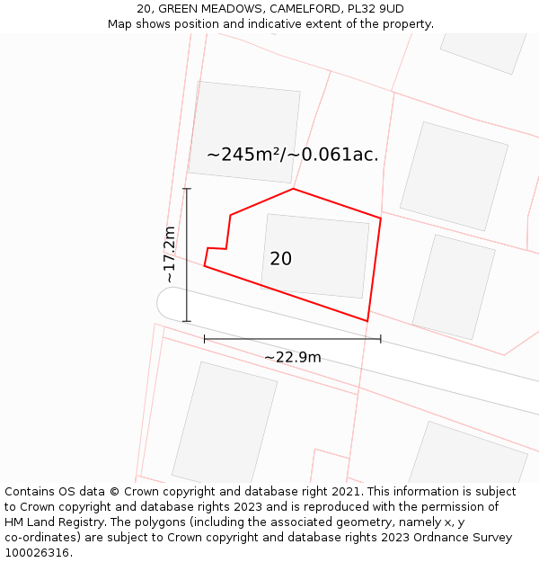 20, GREEN MEADOWS, CAMELFORD, PL32 9UD: Plot and title map