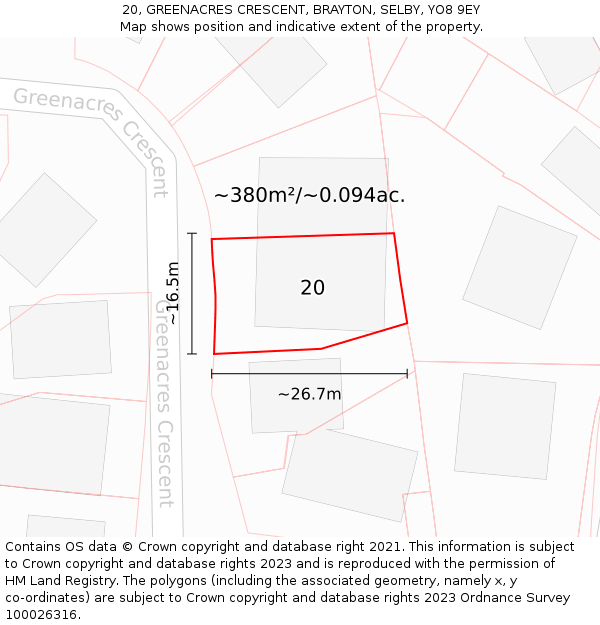 20, GREENACRES CRESCENT, BRAYTON, SELBY, YO8 9EY: Plot and title map