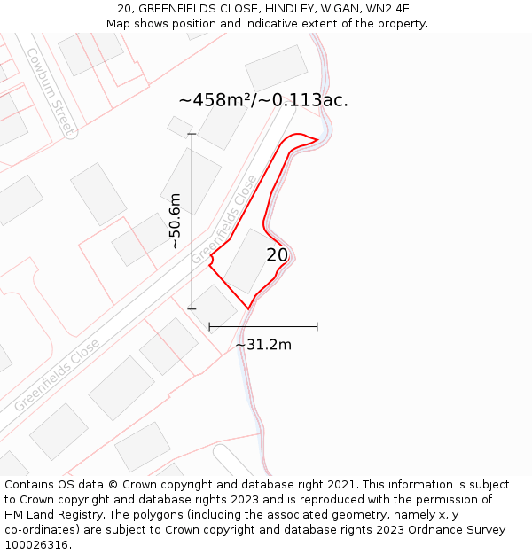20, GREENFIELDS CLOSE, HINDLEY, WIGAN, WN2 4EL: Plot and title map