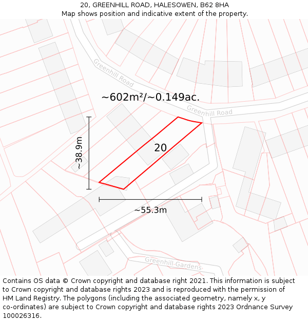 20, GREENHILL ROAD, HALESOWEN, B62 8HA: Plot and title map