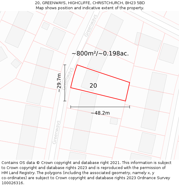 20, GREENWAYS, HIGHCLIFFE, CHRISTCHURCH, BH23 5BD: Plot and title map