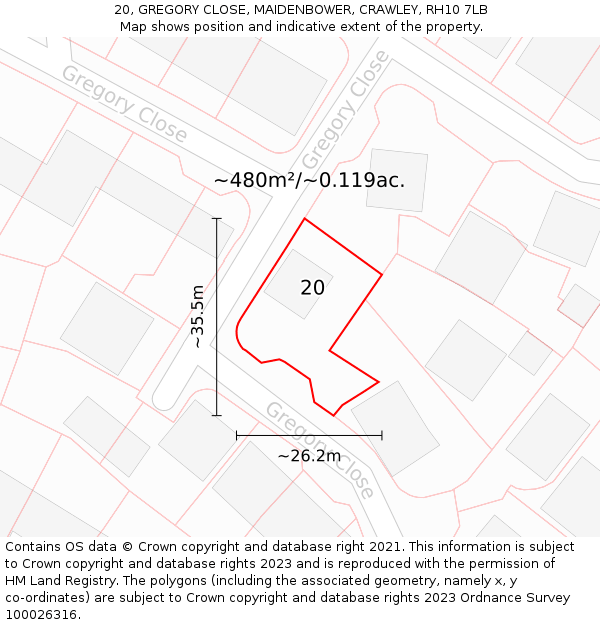 20, GREGORY CLOSE, MAIDENBOWER, CRAWLEY, RH10 7LB: Plot and title map