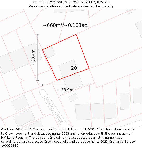 20, GRESLEY CLOSE, SUTTON COLDFIELD, B75 5HT: Plot and title map