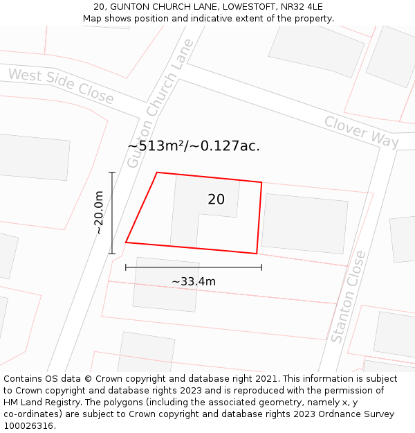 20, GUNTON CHURCH LANE, LOWESTOFT, NR32 4LE: Plot and title map