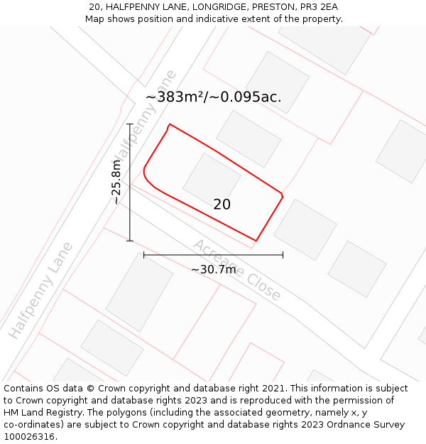 20, HALFPENNY LANE, LONGRIDGE, PRESTON, PR3 2EA: Plot and title map