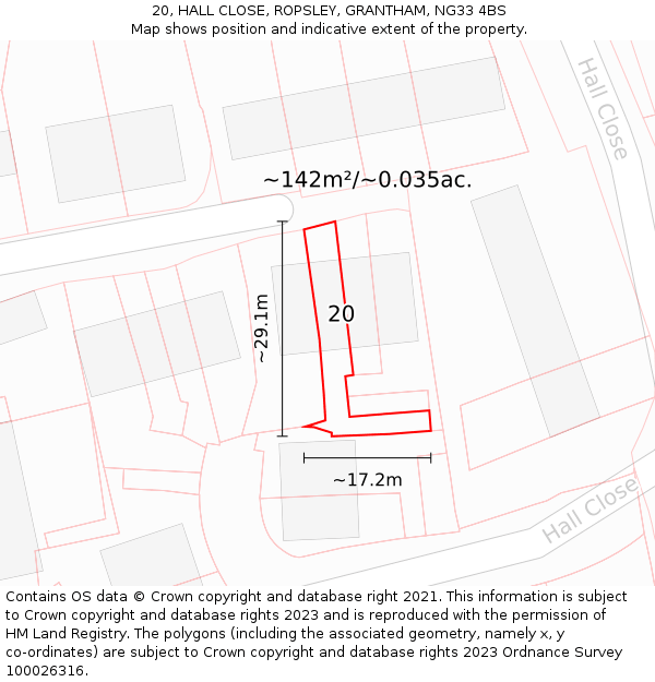 20, HALL CLOSE, ROPSLEY, GRANTHAM, NG33 4BS: Plot and title map