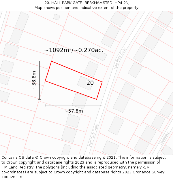 20, HALL PARK GATE, BERKHAMSTED, HP4 2NJ: Plot and title map