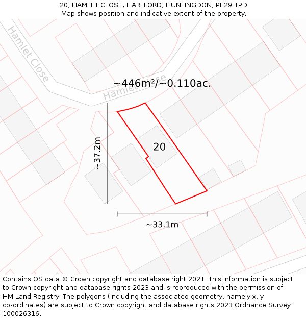 20, HAMLET CLOSE, HARTFORD, HUNTINGDON, PE29 1PD: Plot and title map
