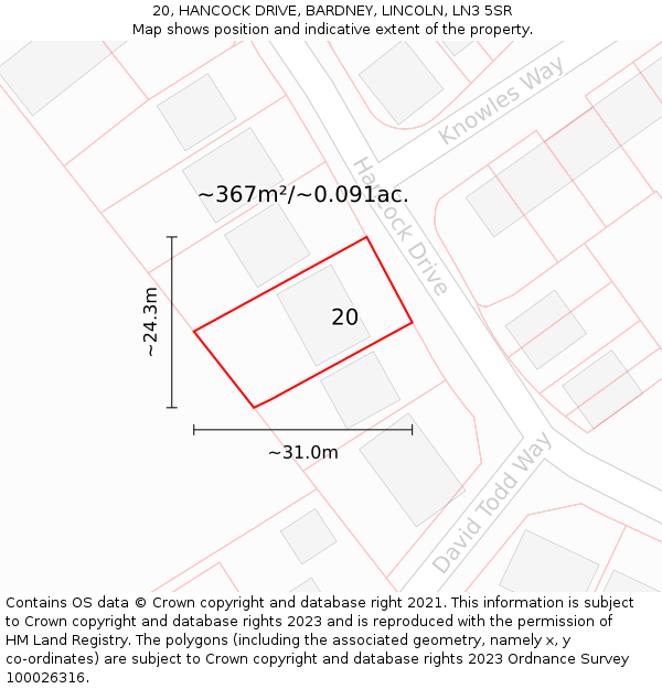 20, HANCOCK DRIVE, BARDNEY, LINCOLN, LN3 5SR: Plot and title map