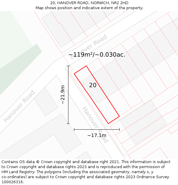 20, HANOVER ROAD, NORWICH, NR2 2HD: Plot and title map