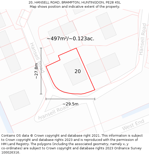 20, HANSELL ROAD, BRAMPTON, HUNTINGDON, PE28 4SL: Plot and title map
