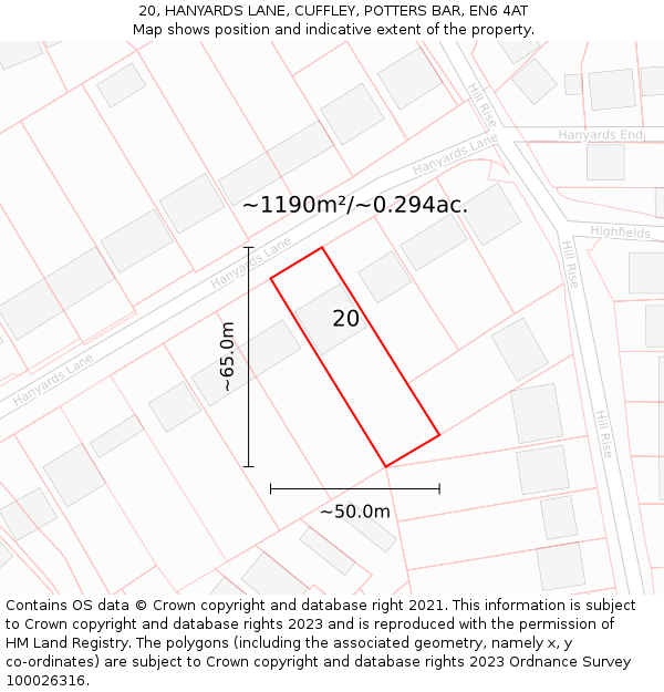 20, HANYARDS LANE, CUFFLEY, POTTERS BAR, EN6 4AT: Plot and title map