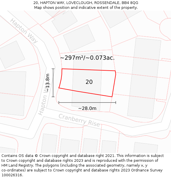 20, HAPTON WAY, LOVECLOUGH, ROSSENDALE, BB4 8QG: Plot and title map