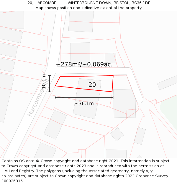 20, HARCOMBE HILL, WINTERBOURNE DOWN, BRISTOL, BS36 1DE: Plot and title map