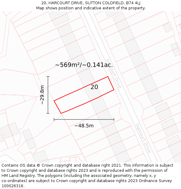 20, HARCOURT DRIVE, SUTTON COLDFIELD, B74 4LJ: Plot and title map