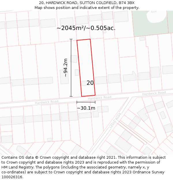 20, HARDWICK ROAD, SUTTON COLDFIELD, B74 3BX: Plot and title map