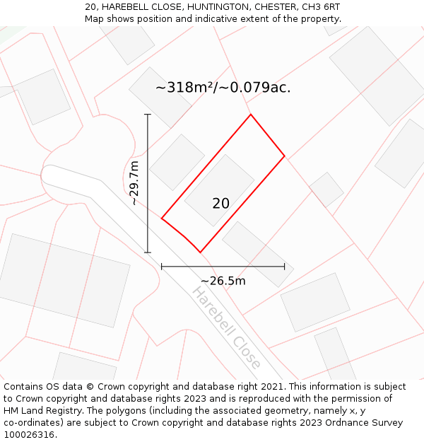 20, HAREBELL CLOSE, HUNTINGTON, CHESTER, CH3 6RT: Plot and title map