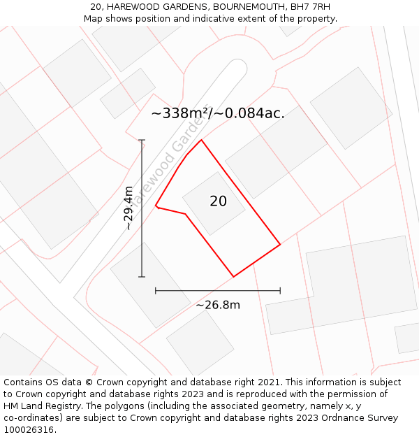 20, HAREWOOD GARDENS, BOURNEMOUTH, BH7 7RH: Plot and title map