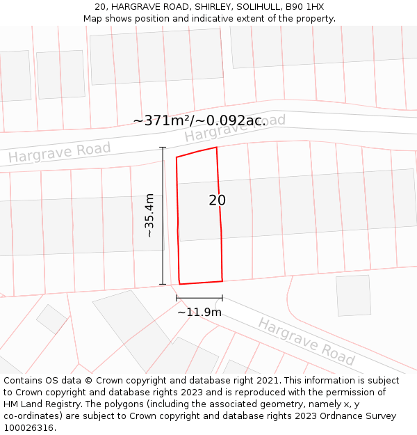 20, HARGRAVE ROAD, SHIRLEY, SOLIHULL, B90 1HX: Plot and title map