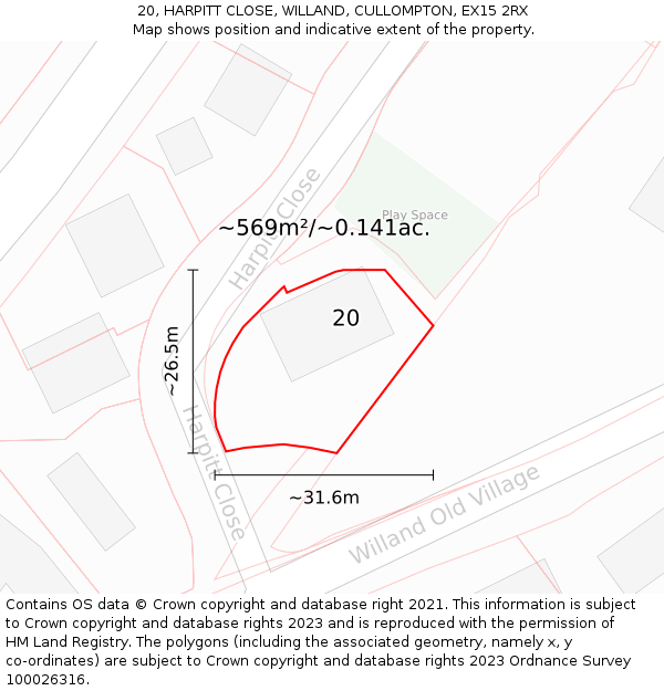 20, HARPITT CLOSE, WILLAND, CULLOMPTON, EX15 2RX: Plot and title map