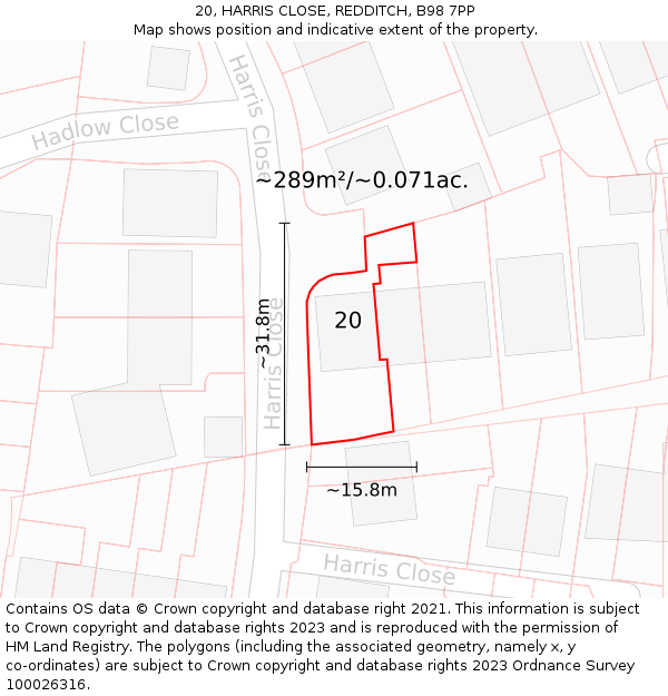 20, HARRIS CLOSE, REDDITCH, B98 7PP: Plot and title map