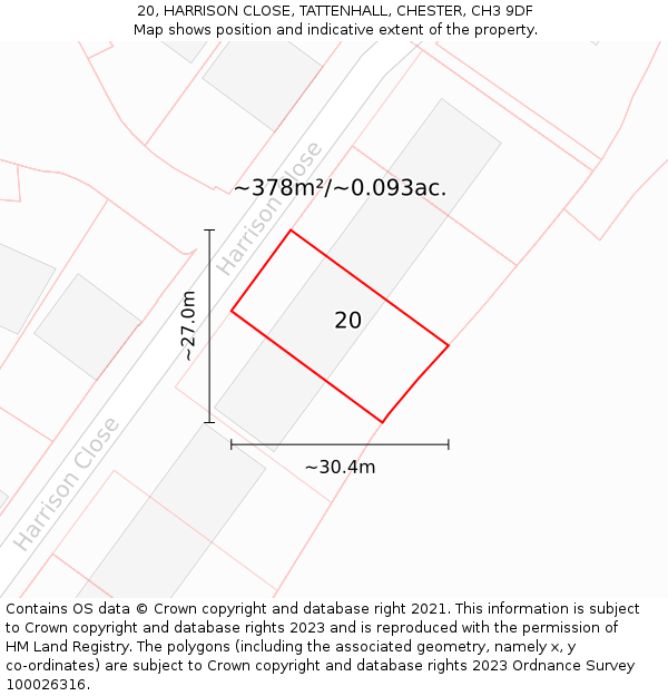 20, HARRISON CLOSE, TATTENHALL, CHESTER, CH3 9DF: Plot and title map
