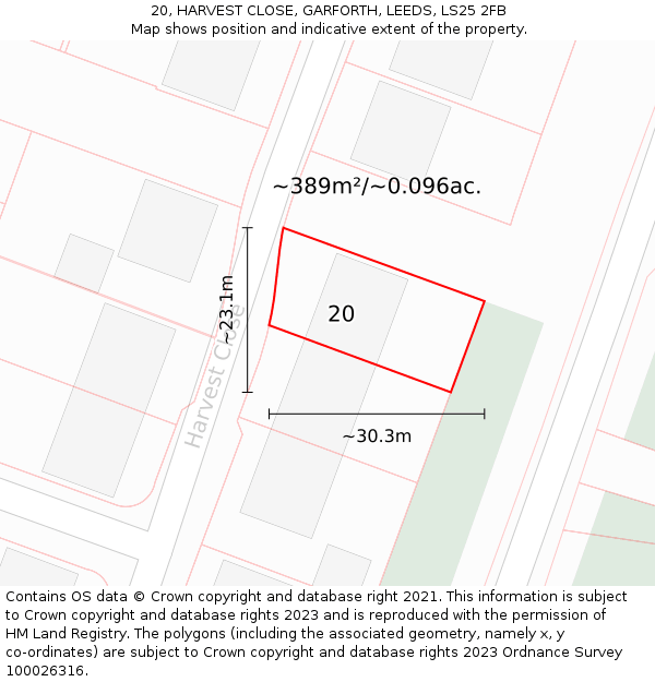 20, HARVEST CLOSE, GARFORTH, LEEDS, LS25 2FB: Plot and title map