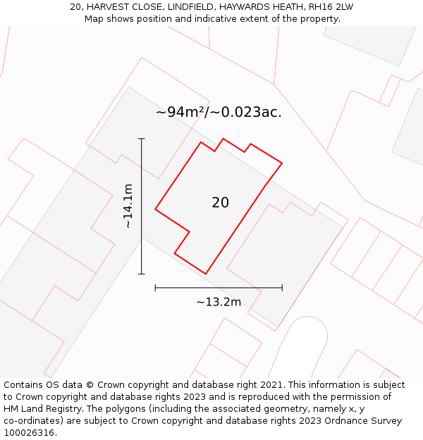 20, HARVEST CLOSE, LINDFIELD, HAYWARDS HEATH, RH16 2LW: Plot and title map