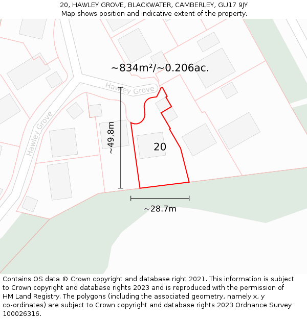 20, HAWLEY GROVE, BLACKWATER, CAMBERLEY, GU17 9JY: Plot and title map
