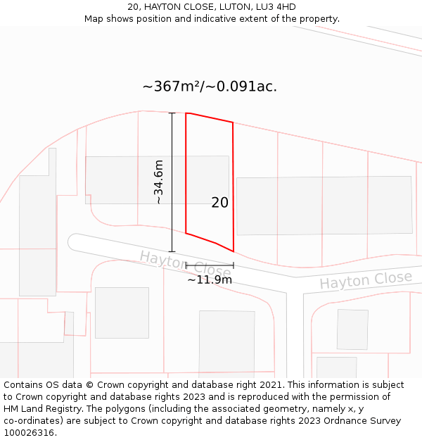 20, HAYTON CLOSE, LUTON, LU3 4HD: Plot and title map
