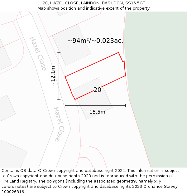 20, HAZEL CLOSE, LAINDON, BASILDON, SS15 5GT: Plot and title map