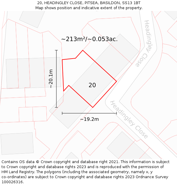 20, HEADINGLEY CLOSE, PITSEA, BASILDON, SS13 1BT: Plot and title map