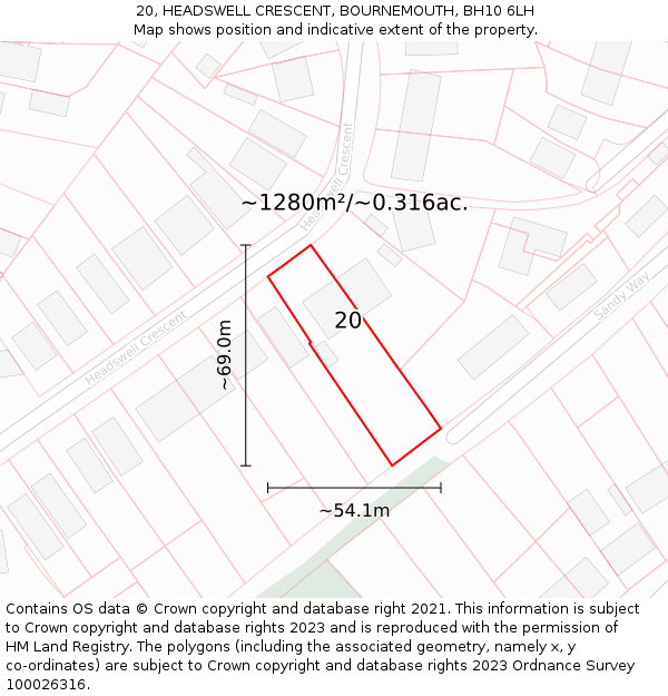 20, HEADSWELL CRESCENT, BOURNEMOUTH, BH10 6LH: Plot and title map