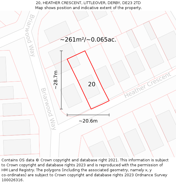 20, HEATHER CRESCENT, LITTLEOVER, DERBY, DE23 2TD: Plot and title map
