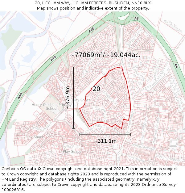 20, HECHAM WAY, HIGHAM FERRERS, RUSHDEN, NN10 8LX: Plot and title map
