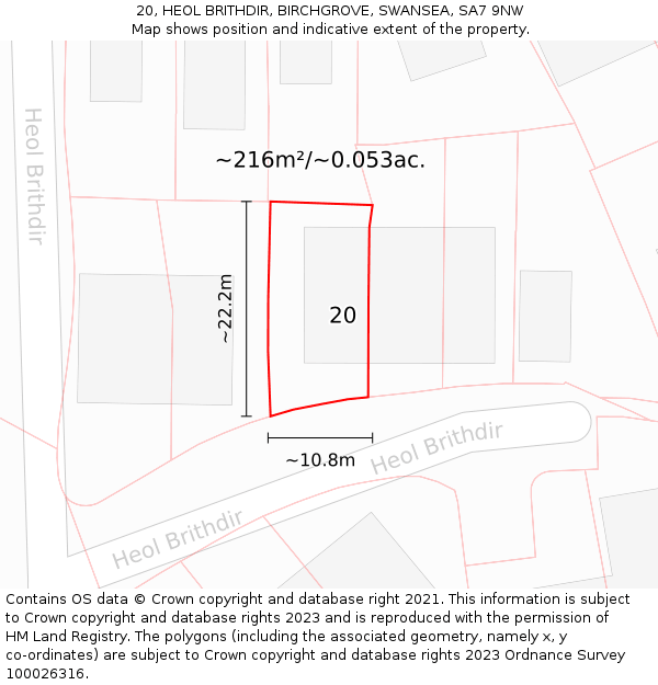 20, HEOL BRITHDIR, BIRCHGROVE, SWANSEA, SA7 9NW: Plot and title map