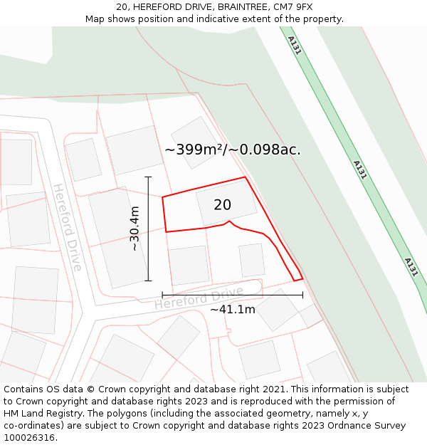 20, HEREFORD DRIVE, BRAINTREE, CM7 9FX: Plot and title map