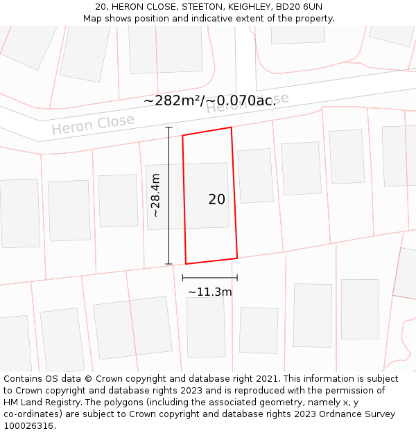 20, HERON CLOSE, STEETON, KEIGHLEY, BD20 6UN: Plot and title map
