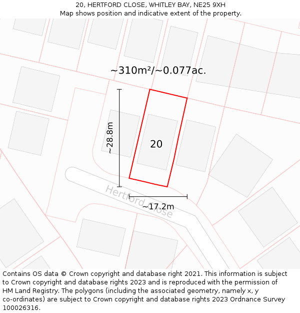 20, HERTFORD CLOSE, WHITLEY BAY, NE25 9XH: Plot and title map