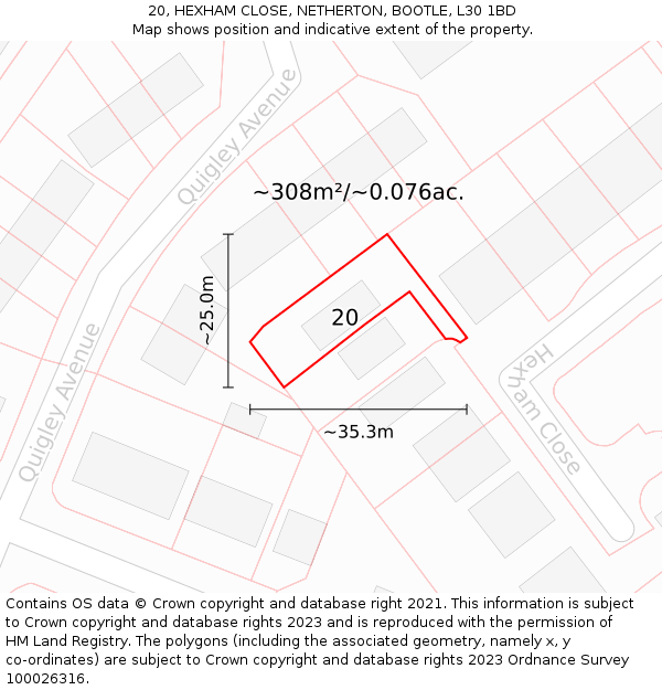 20, HEXHAM CLOSE, NETHERTON, BOOTLE, L30 1BD: Plot and title map