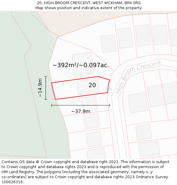 20, HIGH BROOM CRESCENT, WEST WICKHAM, BR4 0RG: Plot and title map