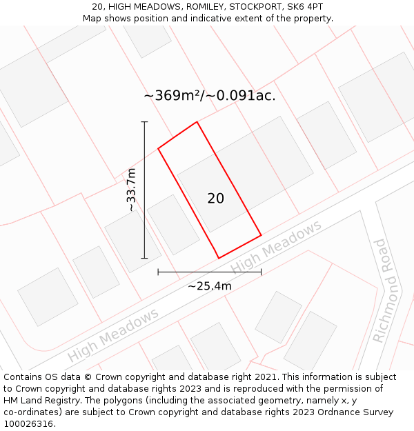 20, HIGH MEADOWS, ROMILEY, STOCKPORT, SK6 4PT: Plot and title map