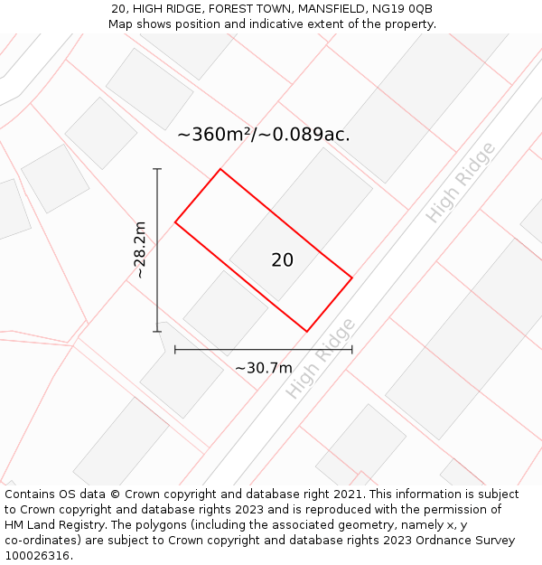 20, HIGH RIDGE, FOREST TOWN, MANSFIELD, NG19 0QB: Plot and title map