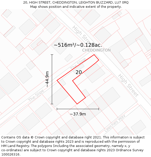 20, HIGH STREET, CHEDDINGTON, LEIGHTON BUZZARD, LU7 0RQ: Plot and title map