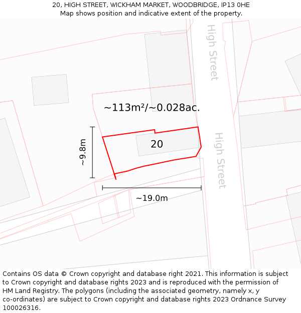 20, HIGH STREET, WICKHAM MARKET, WOODBRIDGE, IP13 0HE: Plot and title map