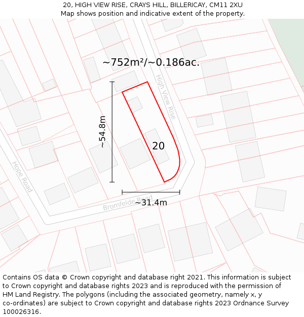 20, HIGH VIEW RISE, CRAYS HILL, BILLERICAY, CM11 2XU: Plot and title map