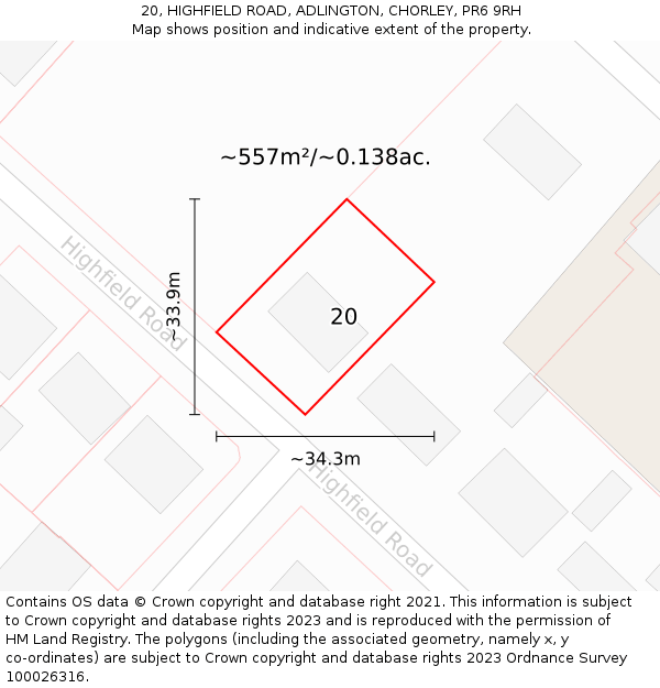 20, HIGHFIELD ROAD, ADLINGTON, CHORLEY, PR6 9RH: Plot and title map